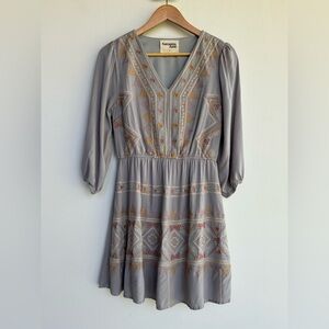 Savanna Jane Dress Gray Embroidered Floral Boho 3/4 Sleeve Women's Size Small